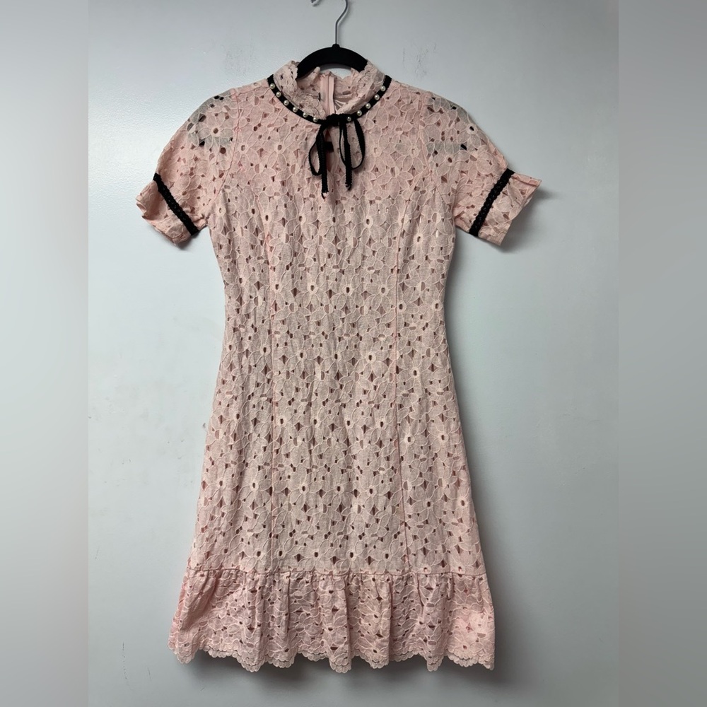 Urban Style Jun Pink Lace Eyelet Mini Dress M Black Bow Coquette Balletcore Y - Picture 3 of 7